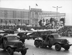 May day, 1969, the protection of the socialist society against all imperialist attacks is the main task of the national people's army of the german democratic republic, the traditional military parade...