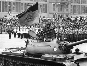 May day 1967, a regiment with t-54 tanks on marx-engels square in front of the gdr state council building during a military parade of the national people's army, berlin, may 1, 1967.
