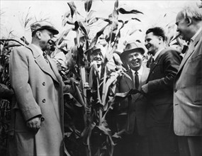 Nikita khrushchev and a soviet delegation visiting the people's own domain for seed production at schwaneberg-altenweddingen near magdeburg, gdr on august 11, 1957, left to right are: walter ulbricht;...