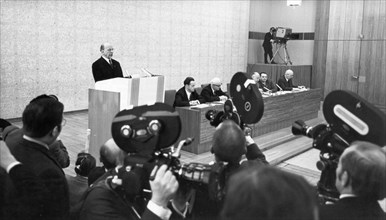 Walter ulbricht speaking at an international press conference in east berlin, january 19, 1970, he underlined the attitude of the gdr to the cause of safeguarding peace by concluding a treaty on the e...