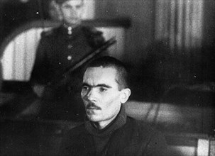 World war 2, december 15, 1943, still from a film on the kharkov trial produced by artkino, russian traitor mikhail petrovich bulanov.