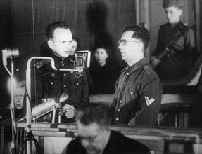 World war 2, december 15, 1943, still from a film on the kharkov trial produced by artkino, reinhard retzlaw testifying to the details of his crimes.