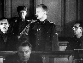 World war 2, december 15, 1943, still from a film on the kharkov trial produced by artkino, hans ritz on the stand, describing his crimes.