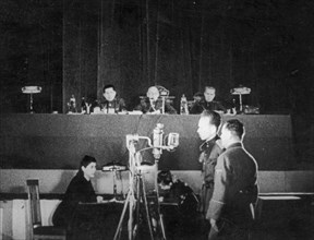 World war 2, december 13, 1943, still from a film on the kharkov trial produced by artkino, witness, obersturmbannfuhrer (major general) heinisch, testifying through interpreter kopilov.