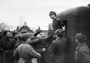 World war 2, december 19, 1943, still from a film on the kharkov trial produced by artkino, hans ritz emerging from the truck to be executed.