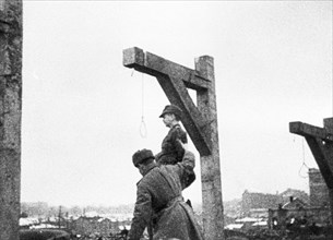 World war 2, december 19, 1943, still from a film on the kharkov trial produced by artkino, hans ritz being placed in the noose.