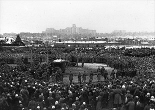 World war 2, december 19, 1943, still from a film on the kharkov trial produced by artkino, a long shot of the crowd at the execution.