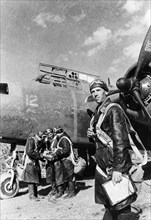 Captain vassili kuzmin, the commander of a squadron of american havoc bombers, taking a last look over his crews before take-off, world war 2.