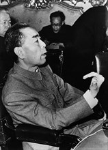 Chinese premier zhou enlai giving a press conference in cairo, egypt before going on to algeria, morocco and albania, december 1963, he said his trip did not include the soviet union.