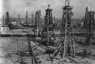 Panorama (1 of 3) of the l, kaganovich oil fields in baku, azerbaijan ssr, 1930s.