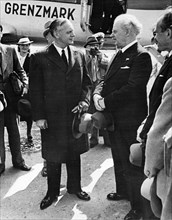 German minister for foreign affairs, joachim von ribbentrop (left), arrives at the central airport in moscow for the signing of the treaty of non-aggression between germany and the union of soviet soc...