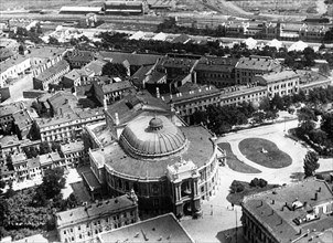 An aerial view of the opera house and surrounding streets, odessa, ukrainian ssr, late 1940s.