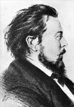Russian composer modest mussorgsky (1835-1881), portrait drawing by alexandrovsky, 1876.
