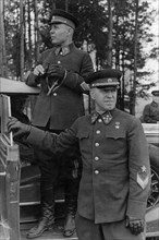Marshal timoshenko and general georgy zhukov during military maneuvers, fall 1940.