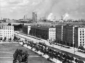 A view of nowa huta with the lenin steel works in the background, poland, june 1965.