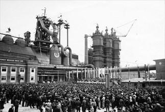 Celebration of the opening of the big furnace at the lenin steel works in nowa huta, poland, july 21, 1954.