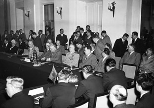 The soviet delegation in the conference hall during the warsaw conference for securing peace and security in europe (warsaw pact), 1955.