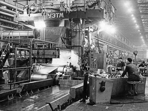 A sheet metal rolling mill at the lenin steel works built with soviet machinery, nowa huta, poland, 1965.