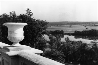 The moscow river and countryside seen from the palace terrace of the arkhangelskoye estate in the moscow region of the ussr, 1949.