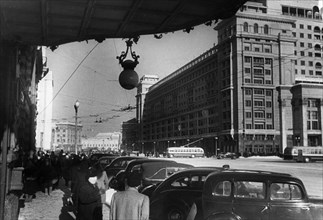 The entrance to the national hotel in moscow, february 1947, the moscow hotel is on the other side of the street.