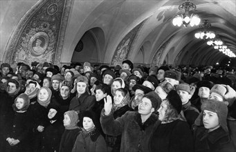 Moscow residents at the opening of the new taganskaya metro station, ussr, january 1950.