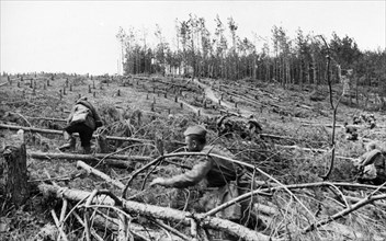 World war 2, may 1942, the kharkov direction, advancing red army men overcoming a barrier of felled trees.