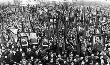 A memorial meeting in bucharest, romania for josef stalin on march 9, 1953.