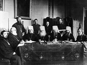 Hierarchs of the russian orthodox church and members of the holy synod who were the real power behind the russian throne, (late 1800s or early 1900s).