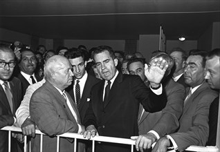 Soviet leader nikita khrushchev (left) and u,s, vice-president richard nixon at the opening of the u,s, trade and technology exhibition in moscow, ussr, 1959, the famous kitchen debate, leonid brezhne...