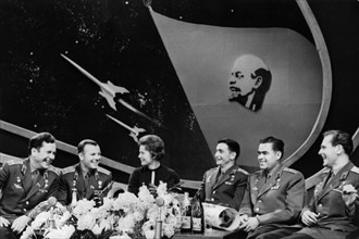Soviet cosmonauts during television show broadcast from the central tv station in moscow, ussr, june 1963.