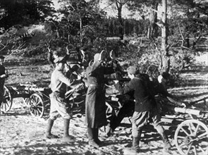 World war 2, russian partisans executing a fascist in the bryansk forest region, 1942.