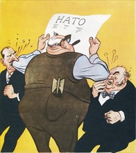 Elbowed out', britain and france elbowed out of leadership role in nato by the us, anti-us propaganda cartoon by boris yefimov published in soviet magazine krokodil, ussr, 1962.