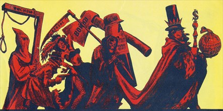 Mr, capitalism and his entourage' (left to right: racism, banditry, corruption, poverty, and war), anti-american propaganda cartoon by n, semenov, published in krokodil magazine, ussr, 1961.