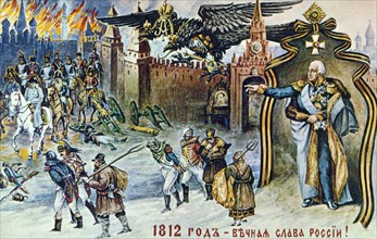 Napoleonic war of 1812, depiction of napoleon's retreat from moscow being overseen by the imperial russian two-headed eagle and tsar alexander i.