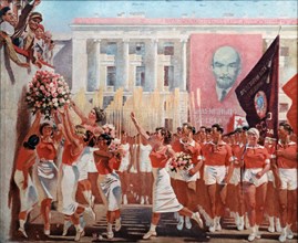 Kirov watches a parade of sportsmen' (1935) a painting by a,n, samokhvalov.