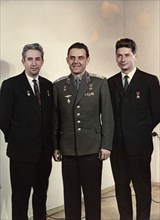 Voskhod 1, soviet cosmonauts (l to r) constantine feoktistov, vladimir komarov, and boris yegorov in 1964.
