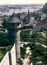 View from the royal castle of buda, in the foreground is the reconstructed bastion from the 15th century, hungary, 1950s.