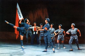 The modern revolutionary ballet 'red detachment of women', from a chinese postcard set published in 1970, 'after our main force has safely moved out, hung chang-ching solemnly unstraps his dispatch ca...