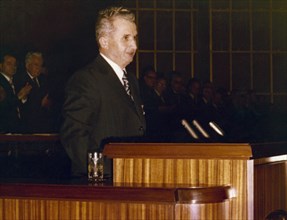 Nicolae ceaucescu giving a speach at the xll congress of the romanian communist party, november 19 - 23, 1979.