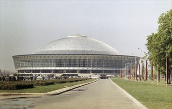 The central pavillion of the national economic exhibion soon after it was built in the early 1960s (1962?), bucharest, romania.