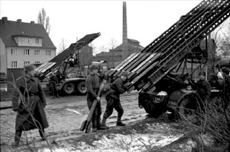 World war 2, katyusha rocket launchers (bm-13) being readied for battle, november.