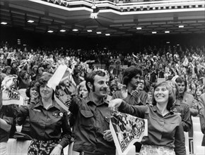 10th free german youth parliament in berlin, june 1976, delegates during a speech given by egon krantz, the first secretary of the fdj central council.