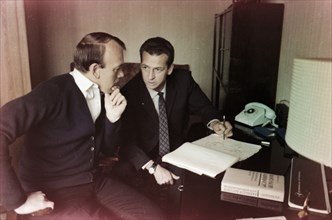 Alexei yeliseev and vitaly sevastianov in discussion prior to the soyuz 10 mission, 1971.