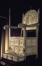The throne of ivan iv, made of carved ivory, at the kremlin armory in moscow, russia.