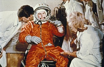 Soviet cosmonaut valentina tereshkova, first woman in space, during preparations for here flight on vostok 6, ussr, june 16, 1963.