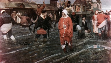 A moscow street in the 17th century on a holiday', a painting by a, ryabushkin, 1895.