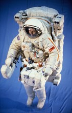 The orlan-dma semi-hard spacesuit with the umk device, 1990.