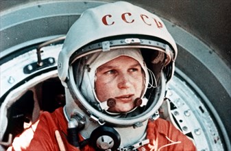 Vostok 6, soviet cosmonaut valentina tereshkova, the first woman in space, in front of the vostok capsule, june 1963.