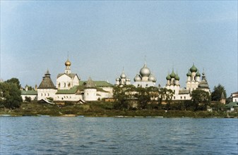 A view of the rostov kremlin on nero lake in rostov the great in the yaroslavl region of russia.