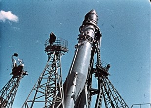 Vostok 1 rocket being prepared for launch, 1961, this is a still from a soviet film of the launch.